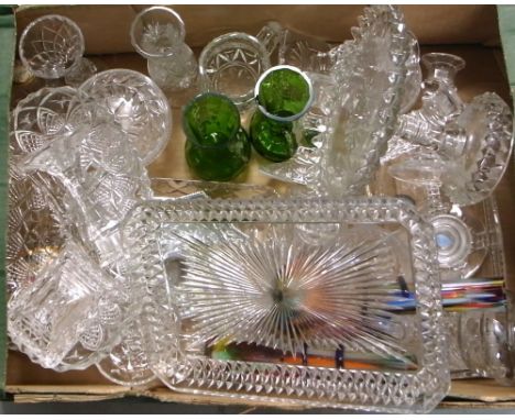 A quantity of glassware to include a pair of Victorian green Mary Gregory style vases, glass candlesticks, a multicoloured gl