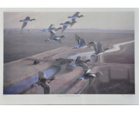 After Julian Novorol; a signed limited edition colour print "Wigeon over the Black Hut", n0.125/500, image 44 x 71cm, framed 