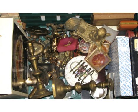A quantity of mixed boxed flatware, brass ornaments to include candlesticks, ashtrays etc, boxed Royal Worcester pin dishes a