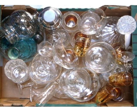 A small quantity of glassware to include a coloured glass decanter and drinking glasses, a further decanter and various glass