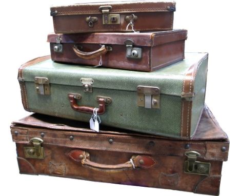 Four vintage suitcases to include three leather examples and a Fender Edge suitcase (4).