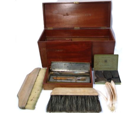 A vintage mahogany artists travelling box complete with original brushes, paints, scumble comb etc, length 48cm.