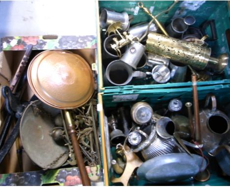 Two boxes of metalware to include brass and copper kettles, pans, standard lamp, tea pots etc.