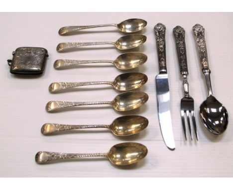 A George VI hallmarked silver vesta case, Birmingham 1945, seven Victorian hallmarked silver teaspoons, Birmingham 1888 and a