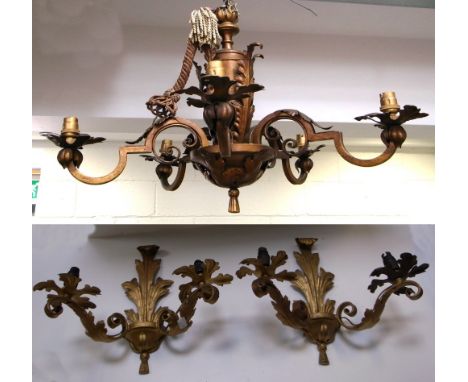 A 20th century gilt heightened metal four branch electrolier decorated with acanthus leaves, with approx 60cm and two similar