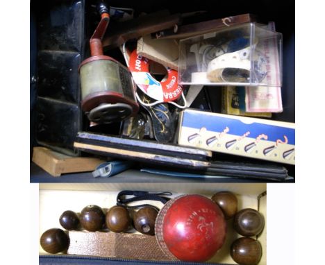 A mixed collectors lot to include vintage office equipment, games, a set of indoor bowls etc.   