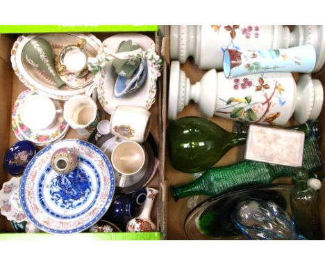Two boxes of assorted ceramics and glassware to include two Victorian vases, plates etc.