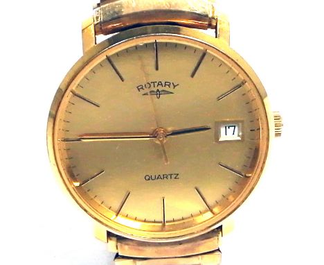 Rotary; a boxed gentlemans gold plated quartz wristwatch, dial set with gilt batons and date aperture, on expandable gold pla