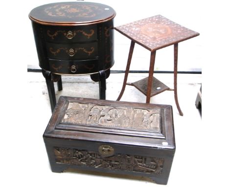 A reproduction Oriental chest of small proportions with carved decoration on bracket feet, width 70cm, a reproduction Orienta