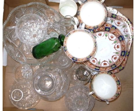 A small quantity of glassware and ceramics to include a good quality lead crystal decanter and a part 19th century Crown Derb