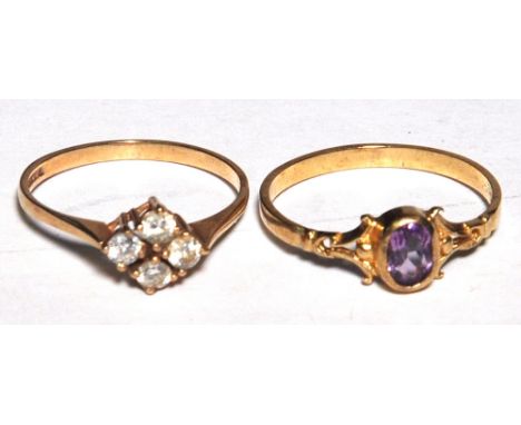 Two 9ct gold ladies dress rings, one with silver amethyst coloured stone, size R, and the other with four small white stones 