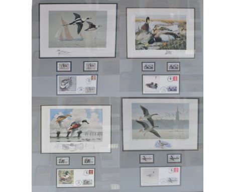 After Chris Rose; a set of eight limited edition signed prints each framed and glazed with Wildlife Habitat Trust stamps and 
