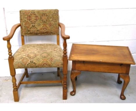 A small walnut table with lift up top on cabriole legs and an Edwardian side chair upholstered in tapestry fabric (2).