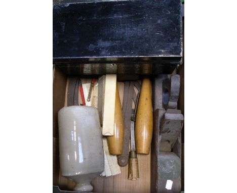A collectors lot comprising engineering tools to include callipers and various measuring equipment, planes, a vintage metal t