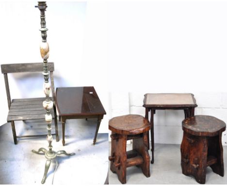 A pair of tables, one small table, two oak carved stool, an onyx and metal standard lamp and a small wooden garden chair (6).