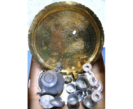 A small quantity of metalware to include a brass tray, pewter ware to include four mugs, a teapot, a silver plated tray etc.