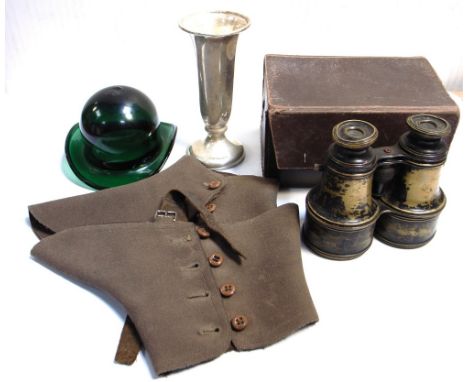 A Victorian green glass novelty bowler hat, a pair of gentlemans spats, a pair of cased vintage binoculars and a plated vase 