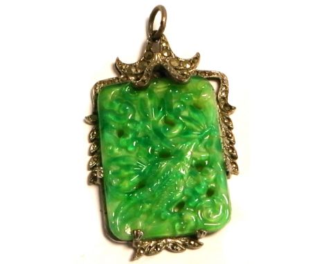 A Chinese inspired jade coloured glass plaque held within a marcasite frame, length approx 4.75cm.