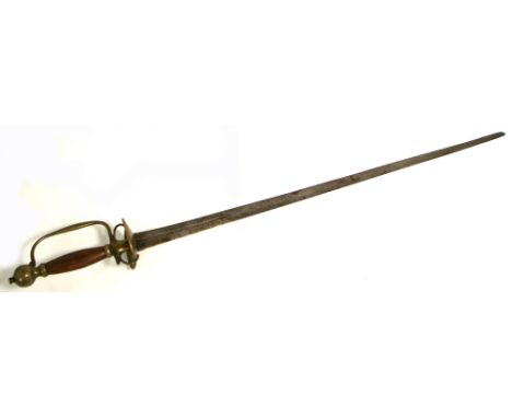 A 19th century dress sword with wooden grip, brass knuckle guard and tapering blade, lacking scabbard, length 93cm.