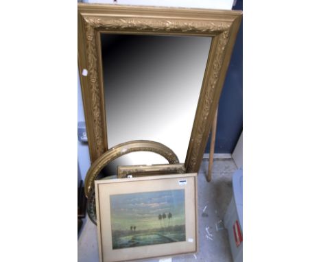 A rectangular mirror, three other mirrors, a vintage oak tea trolley and a decorative picture of a coastal scene (6).
