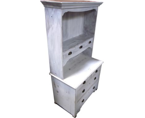 A grey painted dresser, two over two drawers and a shelf unit to the top with three small drawers, 180 x 94cm. 