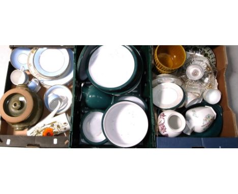 Three boxes of assorted ceramics to include a green glazed part dinner service by Denby, vases by Aynsley and a part Doulton 