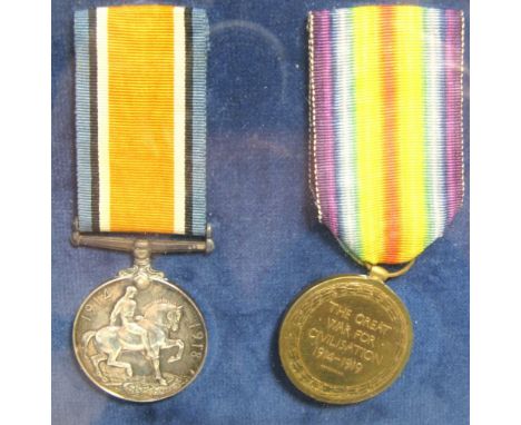 Two WWI medals awarded to 86065 Corporal W. L. Barnes Royal Army Medical Corps, contained within a modern glazed display case