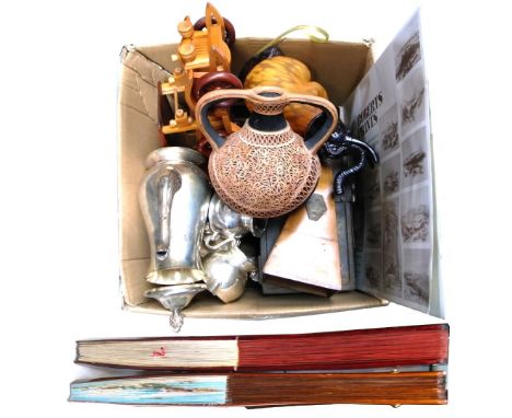 A collectors Lot comprising a Maelzel walnut cased metronome, an ammunition box, a plated tea service, an elephant table lamp