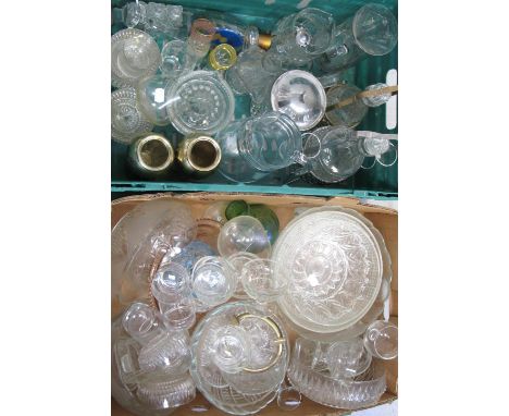 Two boxes of glassware to include cut and moulded glass bowls, decanters, shot glasses etc.