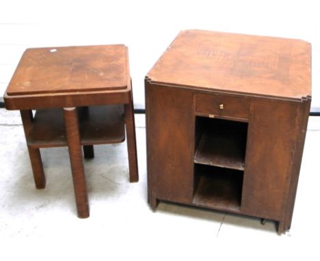 An Art Deco shaped walnut glass topped occasional table/display cabinet on castors, width 60cm and a similar occasional table