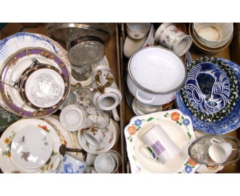 A quantity of ceramics and glassware to include teaware, a glass and silver plated biscuit jar, a glass bowl with a silver pl