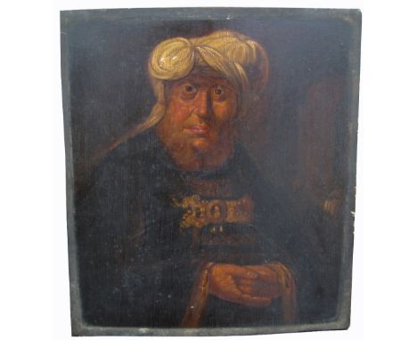 UNATTRIBUTED; oil on panel Turkish school, a portrait of a portly gentleman wearing a cloak, 28 x 25.5cm.