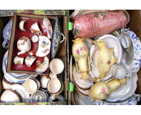 A quantity of ceramics comprising blue and white dinner ware to include Burleigh Ware, Ridgways, a pink lustre Royal Bradwell