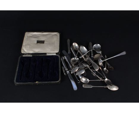 A quantity of silver spoons, various dates, makers and styles together with silver handled knives, button hook (most items ar