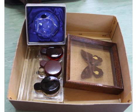 A framed butterfly, glass inkwell plus Royal Doulton crystal paperweights