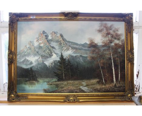 K Bowman oil on canvas of a mountain and river scene, 23" x 44"