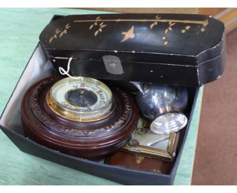 A CPC carved mahogany barometer, Japanese lacquer box, scroll painting etc