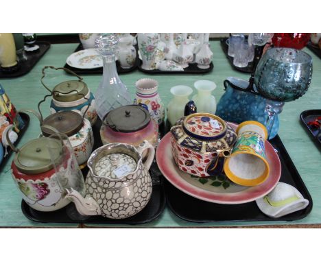 A Poole floral vase, a pair of satin glass vases, Victorian biscuit barrels etc (two trays)