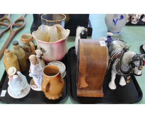 Royal Worcester and Coalport figurines, oak mantel clock, china cart horse plus other items (two trays)