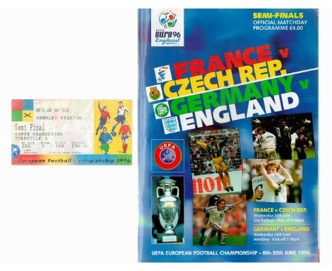 Football England V Germany Euro 96 Semi-Final Matchday Programme With Used Ticket Stub for Wednesday 26th June 1996 at 7.30pm