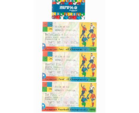 Football Euro 96 Collection of 3 Used Matchday Ticket Stubs. Netherlands V England on Tuesday 18th June 1996 at Wembley. Engl