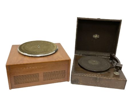 Cased Columbia record player with Bakelite tone arm, H16.5cm W38cm, and a further turntable with Collaro AC47 electric turnta