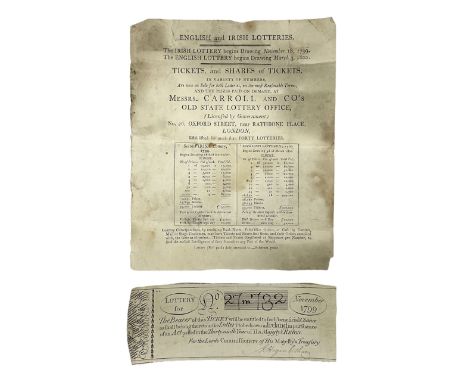 1799 Irish Lottery Ticket for the November 18th lottery signed by A. Higinbotham; together with a hand bill advertising the l