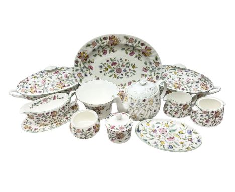 Minton Haddon Hall pattern tea and dinnerwares, to include two covered tureens, serving platter, teapot, milk jug, covered su