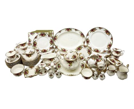 Royal Albert 'Old Country Roses' pattern tea and dinner service for eight, to include dinner plates, cereal bowls, teacups an