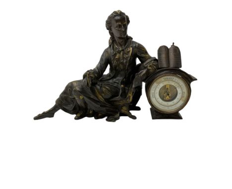 A late 19th century French aneroid barometer housed in a spelter case in the form of a reclining lady, with a two-part dial a
