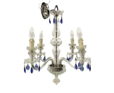 Glass four light chandelier, the baluster shaped central glass column supporting four curved branches with drip pans and blue