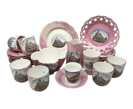 Group of 19th Century pink lustre souvenir wares, to include set of six Wright &amp; Archibald Drapery Establishment teacups 