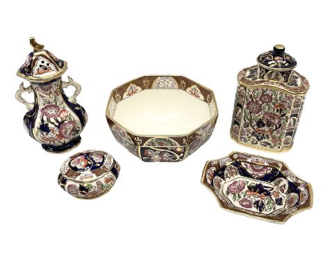 Group of Mason's Ironstone 'Penang' pattern ceramics, comprising lidded tea caddy, bowl of octagonal form, twin handled lidde