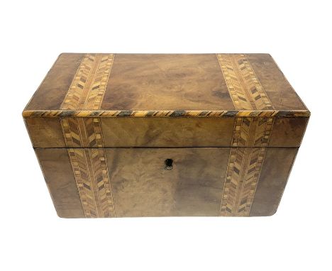 Victorian walnut tea caddy of oblong form with bands of Tunbridge style decoration, the hinged cover opening to reveal a twin